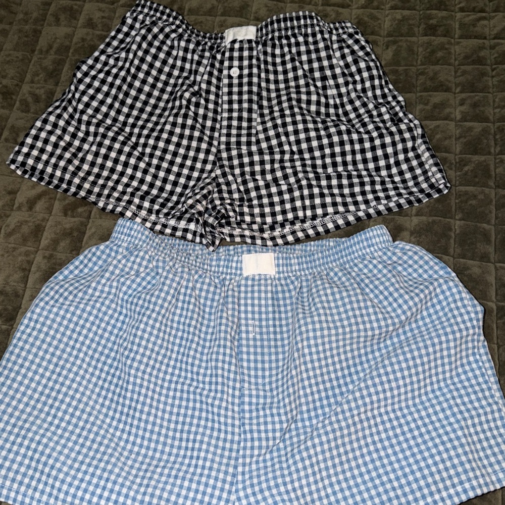 Gingham Pattern Women's Elastic Waist Shorts - Black & Light Blue